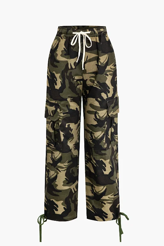 Camo Drawstring Waist Cargo Pants