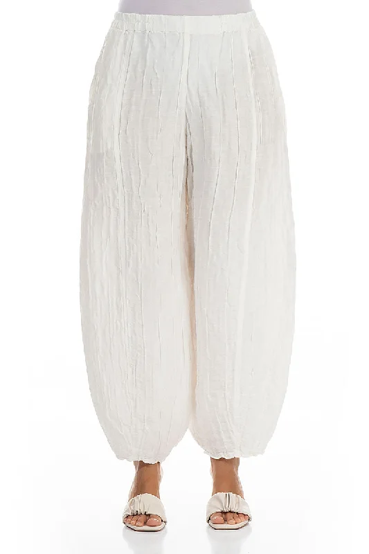 Taper Off White Crinkled Silk Linen Trousers