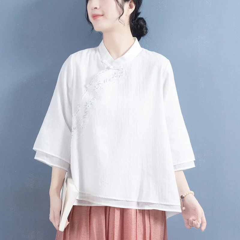 Spring Retro Embroidery Loose Cotton Linen Blouse