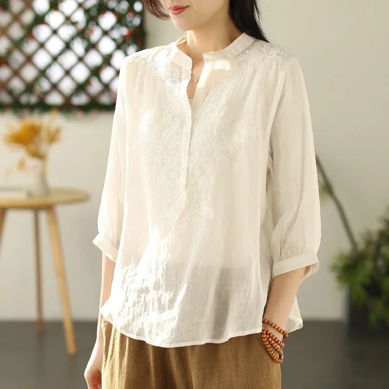 Spring Retro Solid Embroidery Linen Blouse