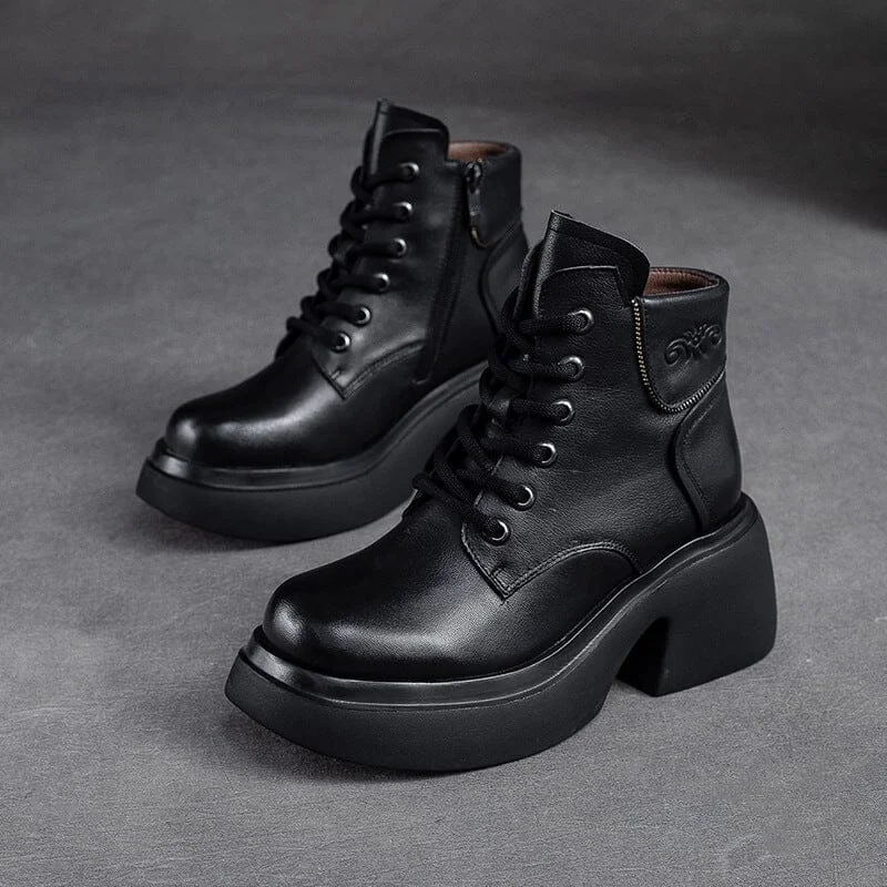 Women Retro Leather Chunky Heel Ankle Boots